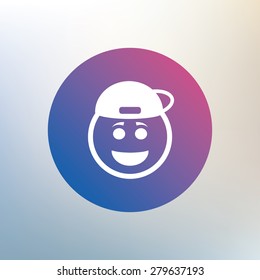 Smile rapper face sign icon. Happy smiley with hairstyle chat symbol. Icon on blurred background. Vector