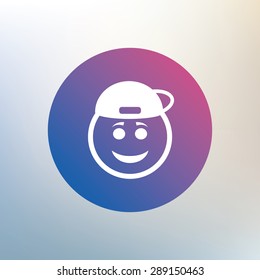 Smile rapper face sign icon. Happy smiley with hairstyle chat symbol. Icon on blurred background. Vector