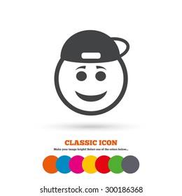 Smile rapper face sign icon. Happy smiley with hairstyle chat symbol. Classic flat icon. Colored circles. Vector