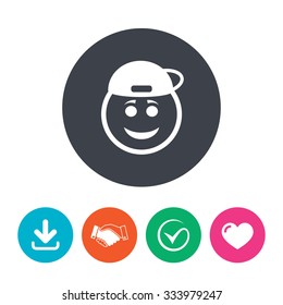 Smile rapper face sign icon. Happy smiley with hairstyle chat symbol. Download arrow, handshake, tick and heart. Flat circle buttons.