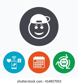 Smile rapper face sign icon. Happy smiley with hairstyle chat symbol. Mobile payments, calendar and wifi icons. Bus shuttle.