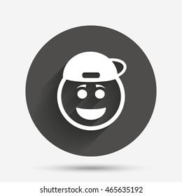 Smile rapper face sign icon. Happy smiley with hairstyle chat symbol. Circle flat button with shadow. Vector