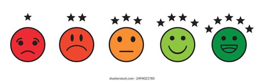 Smile Rate Customer Satisfaction giving high score rating, Emoji Feedback Scale with Stars Icon., Customer Satisfaction reaction or survey concept,