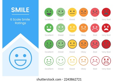smile rating customer experience with 6 symbol concept icon set collection pack with modern flat style