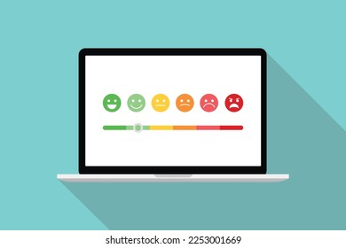 calificación de sonrisa en pantalla portátil con bar elegir encuesta satisfacción del cliente con estilo plano moderno