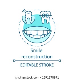 Smile reconstruction concept icon. Cosmetic dentistry. Plaque removal and bite correction. Teeth whitening and braces idea thin line illustration. Vector isolated outline drawing. Editable stroke