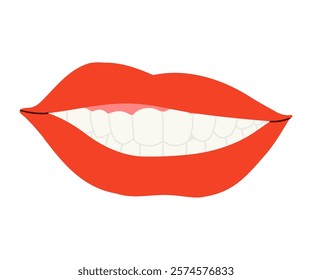 Smile with red lips in flat style. Lips, teeth, smile. Hand drawn vector situation.