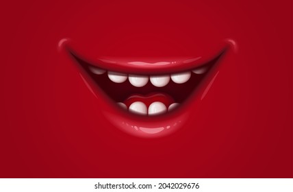 Smile with red lips. Open mouth with teeth and tongue. Cartoon character. Facial happy emotion. Red background. Vector illustration.