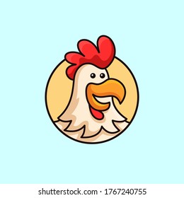 ilustración vectorial del personaje de pollo del gallo de sonrisa. Diseño del logotipo de la insignia de la placa de marco del círculo para pollo macho out