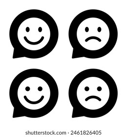 Smile and sad emoji icon on speech bubbles. Happy and unhappy emoticon concept
