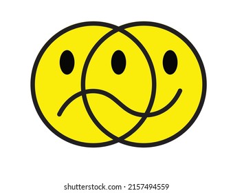 Smile sad face. Happy and sad emoji.  You Decide. Happy or Sad. Your mood your choice. Vector cartoon emotion of happiness and sadness sign. Smiley