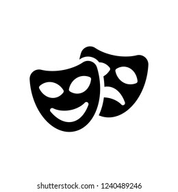 Smile and sad masks, comedy and drama theater, opposite emotions. Icon with happy and depressed faces. Black icon on white background