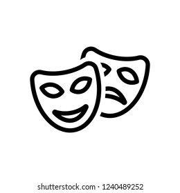 Smile and sad masks, comedy and drama theater, opposite emotions. Linear outline icon. Black icon on white background