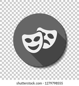 Smile and sad masks, comedy and drama theater, opposite emotions. Icon with happy and depressed faces. flat icon, long shadow, circle, transparent grid. Badge or sticker style