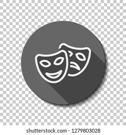 Smile and sad masks, comedy and drama theater, opposite emotions. Linear outline icon. flat icon, long shadow, circle, transparent grid. Badge or sticker style
