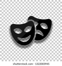Smile and sad masks, comedy and drama theater, opposite emotions. Icon with happy and depressed faces. Black glass icon with soft shadow on transparent background