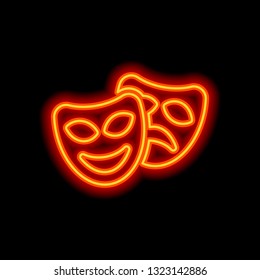 Smile and sad masks, comedy and drama theater, opposite emotions. Icon with happy and depressed faces. Orange neon style on black background. Light icon