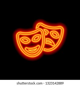 Smile and sad masks, comedy and drama theater, opposite emotions. Linear outline icon. Orange neon style on black background. Light icon