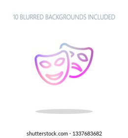 Smile and sad masks, comedy and drama theater, opposite emotions. Linear outline icon. Colorful logo concept with simple shadow on white. 10 different blurred backgrounds included