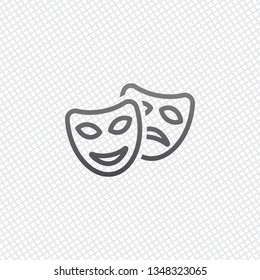 Smile and sad masks, comedy and drama theater, opposite emotions. Linear outline icon. On grid background