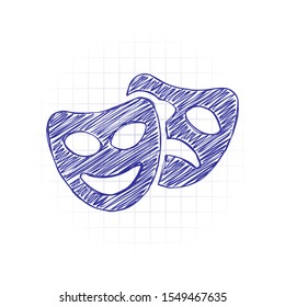 Smile   sad masks  comedy   drama theater  opposite emotions  Icon and happy   depressed faces  Hand drawn sketched picture and scribble fill  Blue ink  Doodle white background