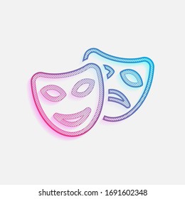 Smile and sad masks, comedy and drama theater, opposite emotions. Linear outline icon. Colored logo with diagonal lines and blue-red gradient. Neon graphic, light effect