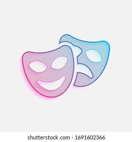 Smile and sad masks, comedy and drama theater, opposite emotions. Icon with happy and depressed faces. Colored logo with diagonal lines and blue-red gradient. Neon graphic, light effect