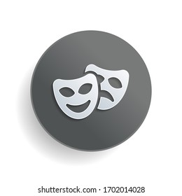 Smile and sad masks, comedy and drama theater, opposite emotions. Icon with happy and depressed faces. White paper symbol on gray round button or badge with shadow