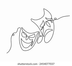 Smile Sad masks,  Theater masks Continuous line vector Illustration hand drawn isolated on white background