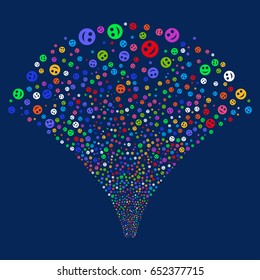 Smile salute stream. Vector illustration style is flat bright multicolored iconic symbols on a blue background. Object fireworks fountain organized from random icons.