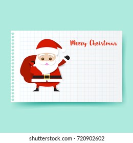 Smile Santa claus cartoon holding big red bag on white rule paper background with copy space vector illustration