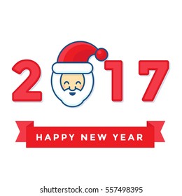 Smile Santa Claus character with red ribbon Happy new year. Funny and cute flat Santa Claus character cartoon on white background. Happy new year 2017 poster