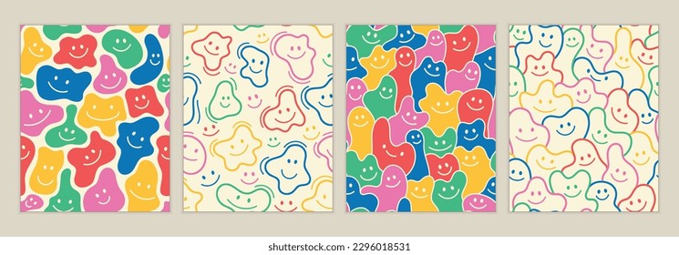 Smile seamless patterns set. Collection of repeating design elements for printing. Diverse colorful characters in doodle style. Cartoon flat vector illustrations isolated on beige background