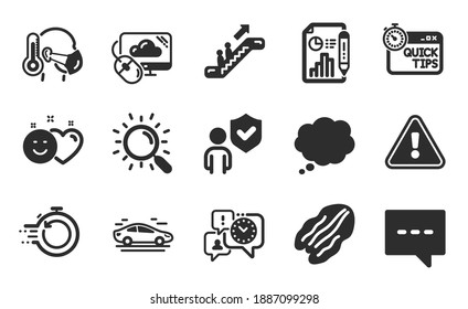 Smile, Search y Cloud computing iconos conjuntos simples. Hombre enfermo, gestión del tiempo y señales de seguridad. Mensaje de cómic, consejos rápidos y símbolos de blog. Recuperación rápida, documento Car and Report. Vector