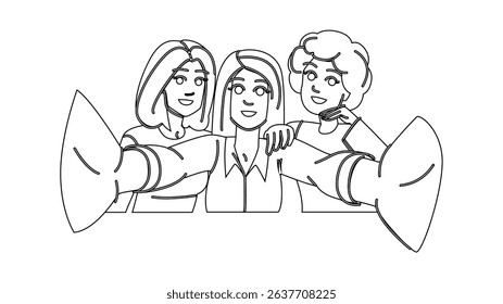 smile selfie woman group vector. fun pose, friends filter, share trend smile selfie woman group character. people black line pencil drawing illustration