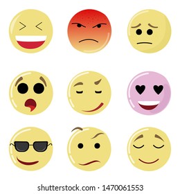 Smile set face, happy yellow emotion, emoticon expression. Vector emoji mood sad, facial happiness laugh, message social, network, chatting messaging emotional feedback, illustration smiley for chat