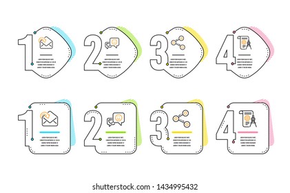 Smile, Share and Receive mail icons simple set. Divider document sign. Socila media, Follow network, Incoming message. Report file. Technology set. Infographic timeline. Line smile icon. Vector