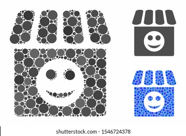 Smile shop composition of filled circles in various sizes and color tones, based on smile shop icon. Vector filled circles are organized into blue collage.
