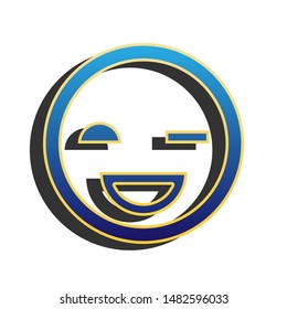 Smile sign. Blue icon with gold contour with dark gray shadow at white background. Illustration.
