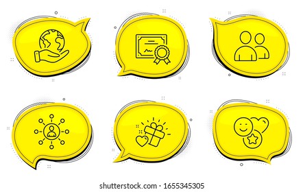 Smile sign. Diploma certificate, save planet chat bubbles. Users, Networking and Love gift line icons set. Couple of people, Business communication, Heart. Social media likes. People set. Vector