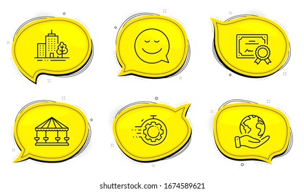 Smile sign. Diploma certificate, save planet chat bubbles. Carousels, Skyscraper buildings and Seo timer line icons set. Attraction park, Town architecture, Cogwheel. Chat emotion. Vector
