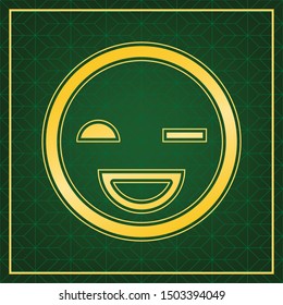 Smile sign. Golden icon with gold contour at dark green gridded white background. Illustration.