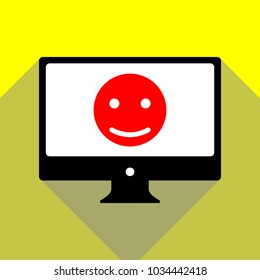 Smile sign illustration. Vector. Red icon on white monitor of black all-in-one desktop computer with two shadows at yellow background.