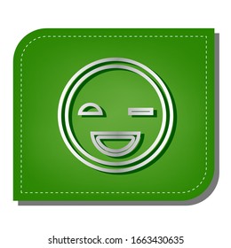 Señal de sonrisa. Icono de línea de gradiente plateado con sombra verde oscuro en hoja verde con parches ecológicos. Ilustración.