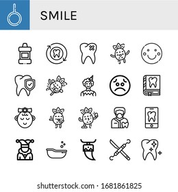 smile simple icons set. Contains such icons as Neutral, Mouthwash, Tooth, Broken tooth, Happy, Smile, Laughing, Clown, Sad, Girl, Blushing, can be used for web, mobile and logo