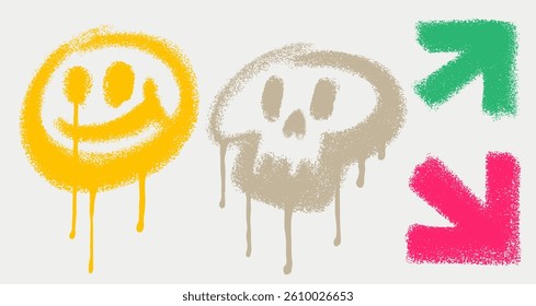 Smile, skull, arrows in graffiti style. Street Art Graffiti tag symbols and grunge icons with spray paint effect. Spray graffiti vector. Hand drawn grunge design abstract graffiti elements.