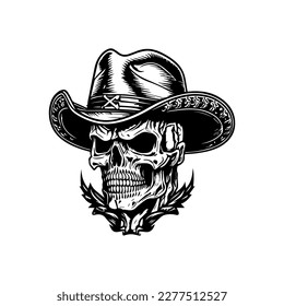 smile skull wearing cowboy hat hand drawn illustration