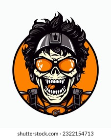 smile skull zombie wearing a helmet vector clip art illustration, blending horror and military themes, perfect for zombie apocalypse designs