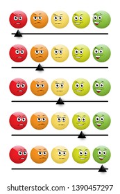 Smile slider rating flat vector illustrations set. Happy, sad, angry faces, emoji ranking system. Customer feedback, satisfaction. Client report. Social media, network, website service review drawing