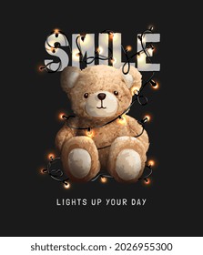 smile slogan with bear doll and shining string light vector illustration on black background